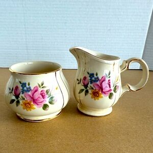 Vintage Sadler England Creamer and Open Sugar Bowl Designed w/Flowers and Gold